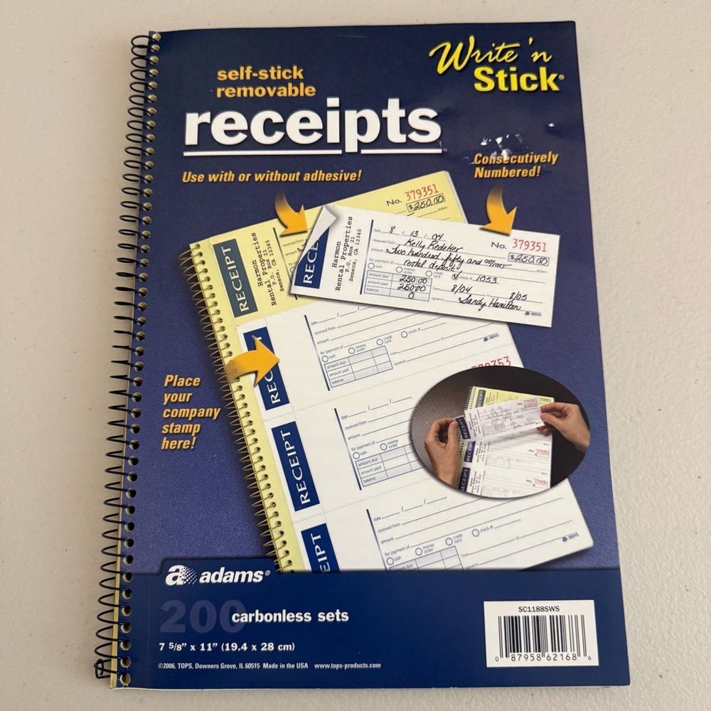 Adams Self Stick Removable Receipts Book